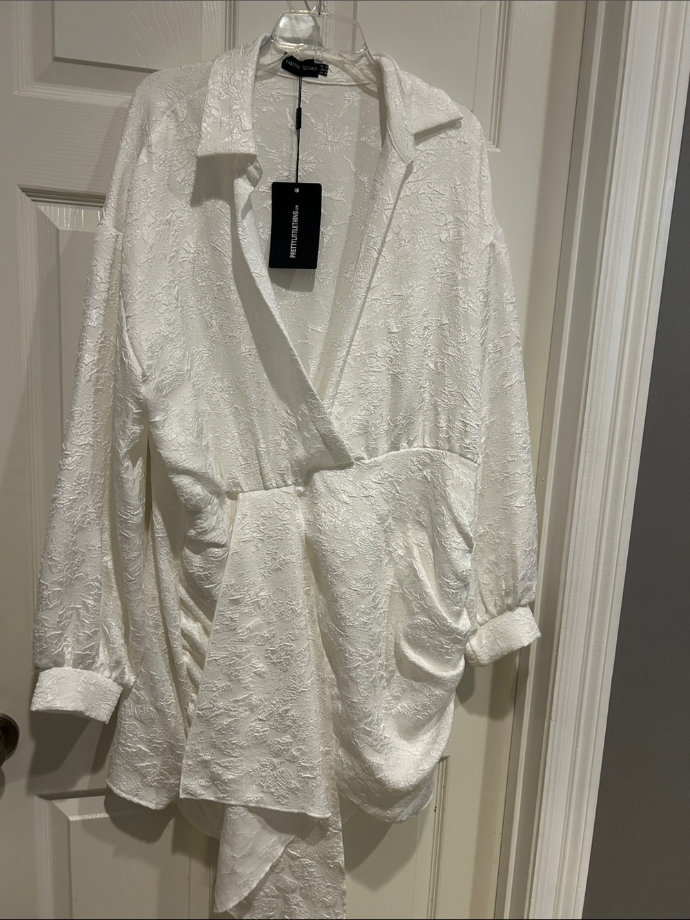 PrettyLittleThing White Textured Wrap Dress